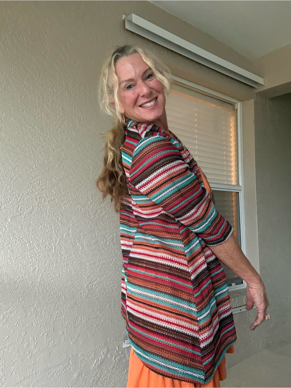 erin london Multicolor Striped Open-Front Cardigan — Teal, Red, Brown